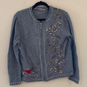 Croft & Barrow Gray Cardigan with Embroidery sz L grandmacore Christmas holiday*